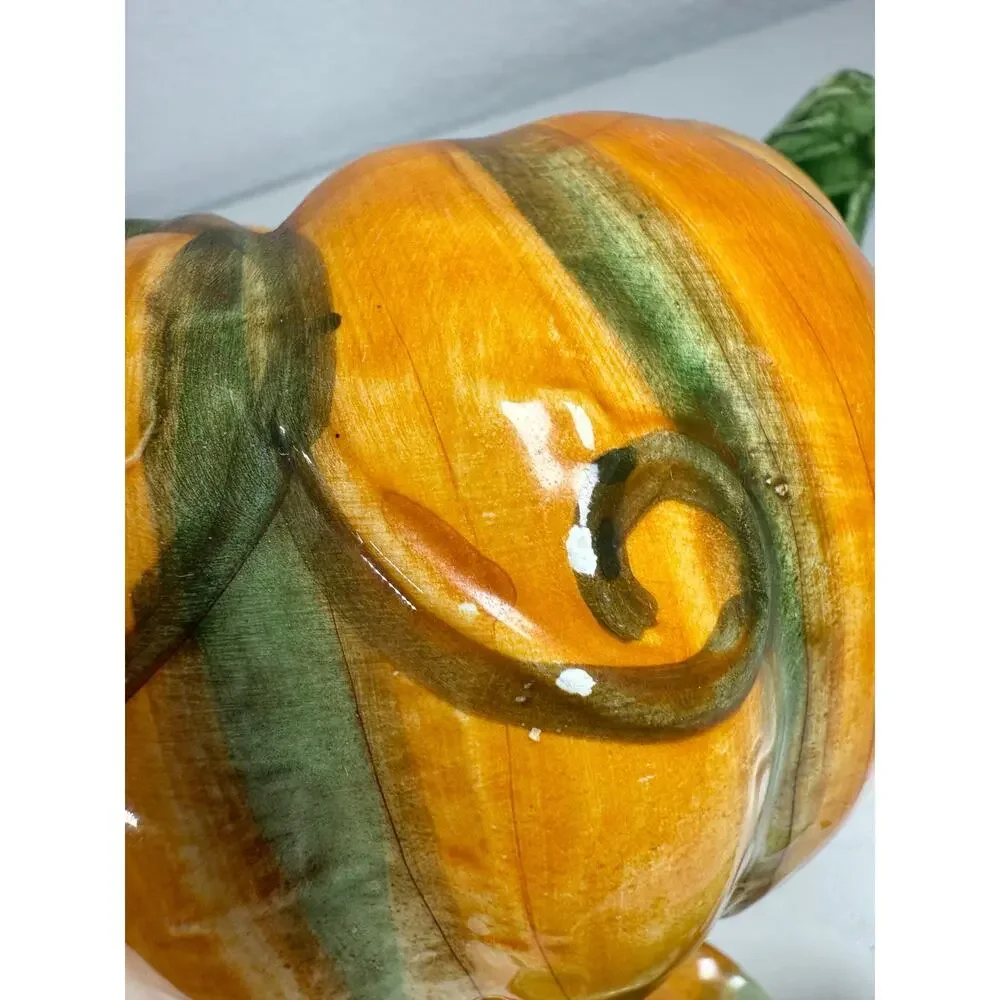 Hand Painted Ceramic Pumpkin Teapot, Vintage Fall Serveware, Orange Green